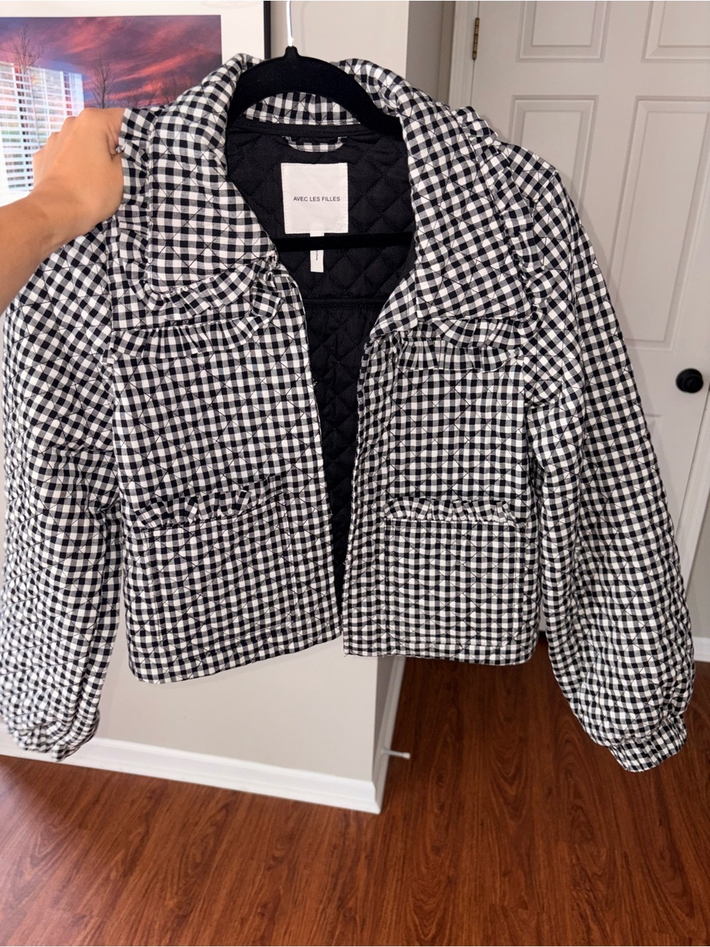 Avec Les Filles Black & White Gingham Quilted Cropped Jacket